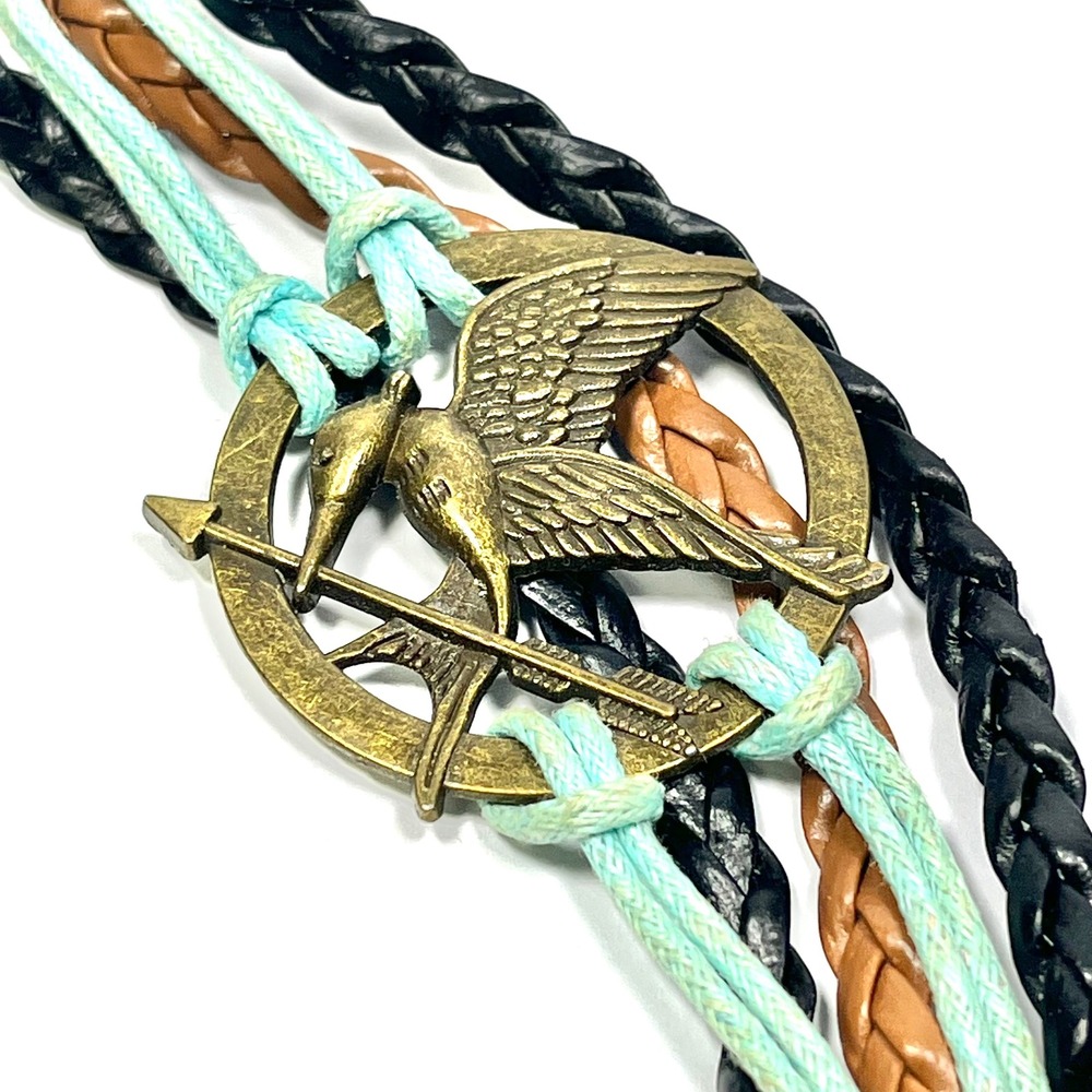 Hunger‎ Games Mockingjay Charm Bracelet Braided Leather Cord Bronze Tone Fan